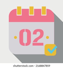 Vector illustration of calendar marking day 02, icon for websites, stickers and print, fully editable in pink and yellow colors saved in eps 10.