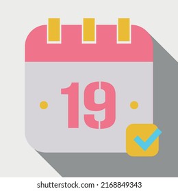 Vector illustration of calendar marking day 19, icon for websites, stickers and print, fully editable in pink and yellow colors saved in eps 10.