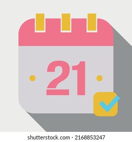 Vector illustration of calendar marking day 21, icon for websites, stickers and print, fully editable in pink and yellow colors saved in eps 10.