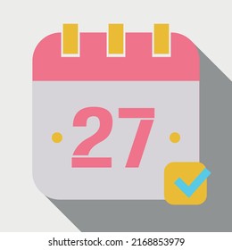 Vector illustration of calendar marking day 27, icon for websites, stickers and print, fully editable in pink and yellow colors saved in eps 10.