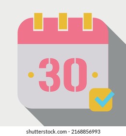 Vector illustration of calendar marking day 30, icon for websites, stickers and print, fully editable in pink and yellow colors saved in eps 10.