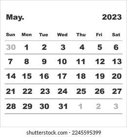 Vector illustration of a calendar for May 2023. In a minimalist style. Week starts on Sunday