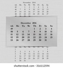 Vector illustration of a calendar month for 2016 pages in December, against the background of the previous month and next month. Week starts on Monday. The image can be applied to any image.