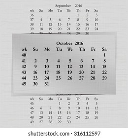 Vector illustration of a calendar month for 2016 pages in October, against the background of the previous month and next month. Week starts on Sunday. The image can be applied to any image.