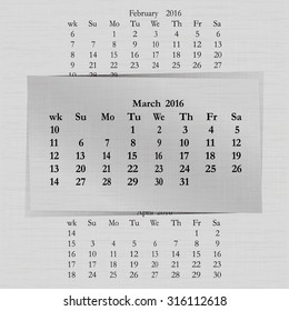 Vector illustration of a calendar month for 2016 pages in March, against the background of the previous month and next month. Week starts on Sunday. The image can be applied to any image.