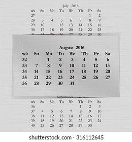 Vector illustration of a calendar month for 2016 pages in August, against the background of the previous month and next month. Week starts on Sunday. The image can be applied to any image.