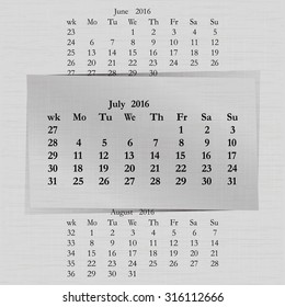Vector illustration of a calendar month for 2016 pages in July, against the background of the previous month and next month. Week starts on Monday. The image can be applied to any image.