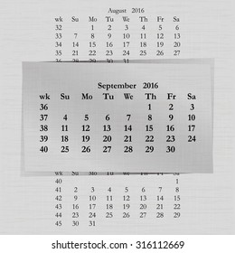 Vector illustration of a calendar month for 2016 pages in September, against the background of the previous month and next month. Week starts on Sunday. The image can be applied to any image.