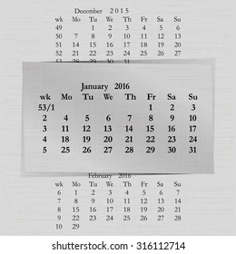 Vector illustration of a calendar month for 2016 pages in January, against the background of the previous month and next month. Week starts on Monday. The image can be applied to any image.
