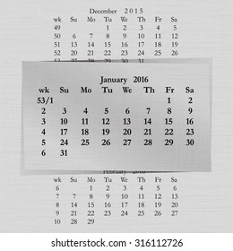 Vector illustration of a calendar month for 2016 pages in January, against the background of the previous month and next month. Week starts on Sunday. The image can be applied to any image.