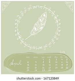Vector illustration of a calendar page for 2014 - April - in a hand drawn whimsical style in pastel colors