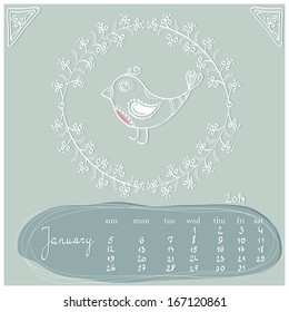 Vector illustration of a calendar page for 2014 - January - in a hand drawn whimsical style in pastel colors
