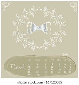 Vector illustration of a calendar page for 2014 - March - in a hand drawn whimsical style in pastel colors