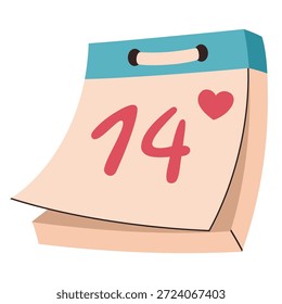 Ilustração vetorial de uma página de calendário com o número 14 e o ícone de coração. Projeto plano romântico para o Dia dos Namorados, lembrança da data do amor e conceito de evento romântico, isolado no fundo branco.