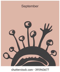 Vector illustration of a calendar page template with a weird funny monster/creature