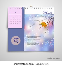 Vector illustration. Calendar with a picture of winter. Poems on the background of a winter evening street. Realistic shadows.
