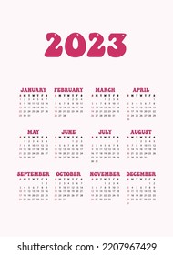 Vektorgrafik des Kalenders. Retro Stil 2023 Kalender in Rosa. 