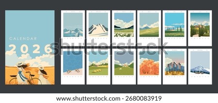 Vector illustration. Calendar, set of illustrations for a 12-month calendar. Nature, travel.