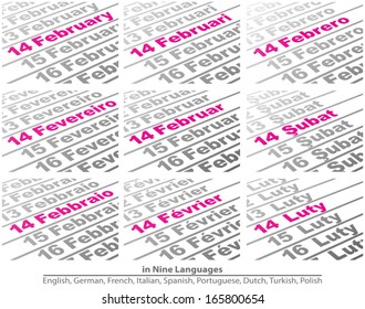 Vector illustration of a calendar showing February 14 in nine different languages. Eps10. 