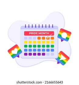 Calendario de ilustraciones vectoriales con íconos de medios sociales en colores arcoiris LGBT sobre fondo abstracto