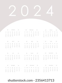 Ilustración vectorial. Plantilla de calendario para 2024. Calendario simple.