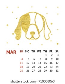 Vector illustration of calendar template. Gold head of dog with golden dot. Isolated on white background.