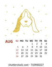 Vector illustration of calendar template. Gold head of dog with golden dot. Isolated on white background.