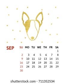 Vector illustration of calendar template. Gold head of dog with golden dot. Isolated on white background.