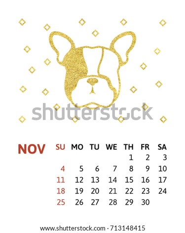 Vector illustration of calendar template. Gold head of dog with golden dot. Isolated on white background.