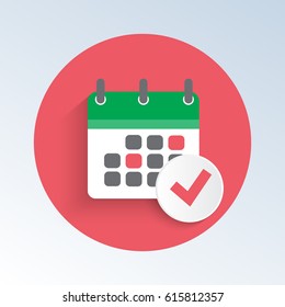 Vector illustration as calendar with tick, mark as an icon. Flat design.