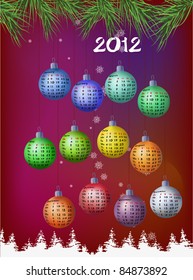 Vector illustration of calendar for year 2012 with month drawn on Christmas decoration balls.