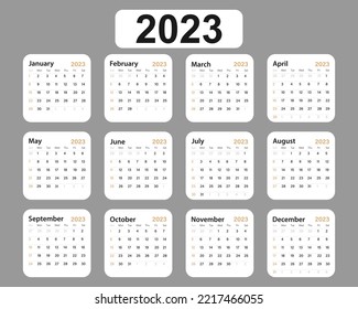 Vector illustration of the calendar year 2023. The week starts on Sunday. Template of the annual calendar 2023.  Vector