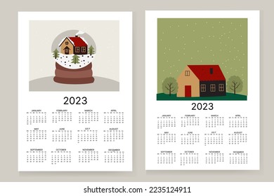 Vector illustration of the calendar year 2023. The week starts on Sunday. Featuring a landscape of a house with trees and a toy globe with a house inside. Vector.