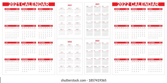 Vector illustration of calendars for 2021 and 2022, start of week on Sunday, minimalist style diary template