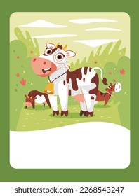 Vector illustration of a calf in cartoon style in a field. It can be used as a playing card, learning material for kids.