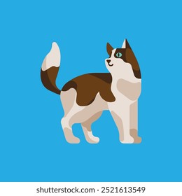 Vector illustration of a calico cat with green eyes standing confidently on a blue background.