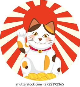 Ilustração vetorial de calico maneki neko cat, pata levantada, moedas de ouro, fundo sunburst