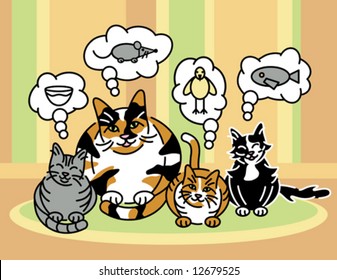 A vector illustration of a calico mom cat and her three kittens thinking about what to eat.