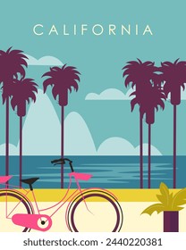 Ilustración vectorial. Playa de California, vacaciones, relajación. Diseño para póster, banner, postal. Diseño moderno.