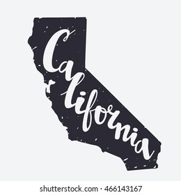 Vector illustration. California brush lettering and silhouette map. Isolated elements