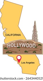Vector illustration of California map highlighting Hollywood and Los Angeles with a stylized landmark design