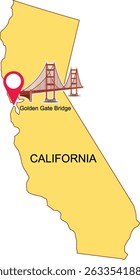 Vector illustration of California with a pinpoint on the Golden Gate Bridge. Simple design with bold colors