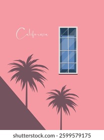 Vector illustration. California poster, banner, postcard, cover. Modern design. Building, window. Palm trees.