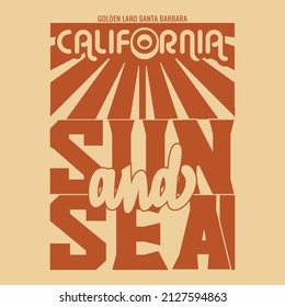 vector illustration of california and summer  theme with sun beams . tee shirt graphics. Typography
