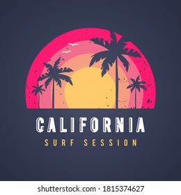 Diseño de camisetas de sesión para surfistas de California. Atardecer Con Palmeras De Estilo Retro Grunge.