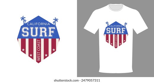 Vector illustration of CALIFORNIA SURF, West Coast hexagon t-shirt in American flag colors, premium quality streetwear, urban collection. Vintage print sweatshirt. Typographic template for printing on