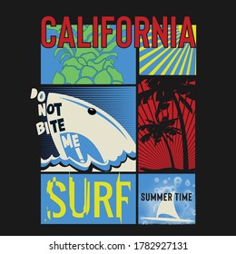 vector illustration of california theme with palm trees and shark . tee shirt graphics. Typography
