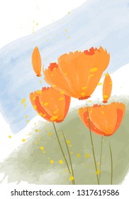 Vector illustration - Californian poppies. Abstract pattern - golden poppy.  Beautiful orange flowers and pollen splashes. Spring flowers, tulips.