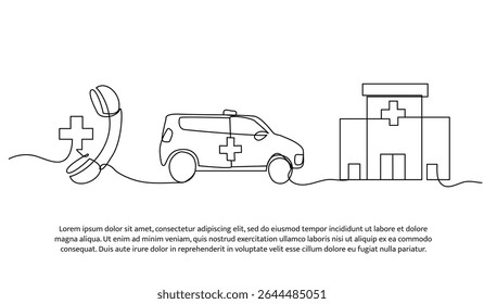 Vector illustration of call an ambulance at the hospital. Modern flat in continuous line style.