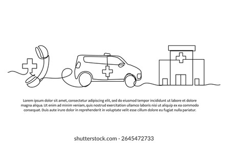 Vector illustration of call an ambulance at the hospital. Modern flat in continuous line style.